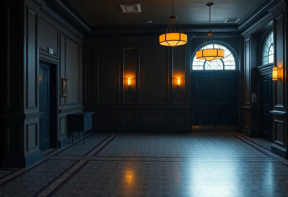 The entrance foyer at the top of the stairs with a host's lectern, chalk board and cloakroom