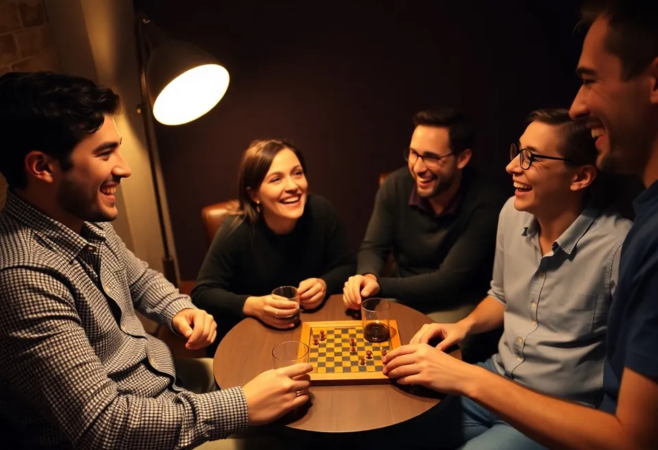 Friends around a long table with a board game spread out between them and drinks on the rail