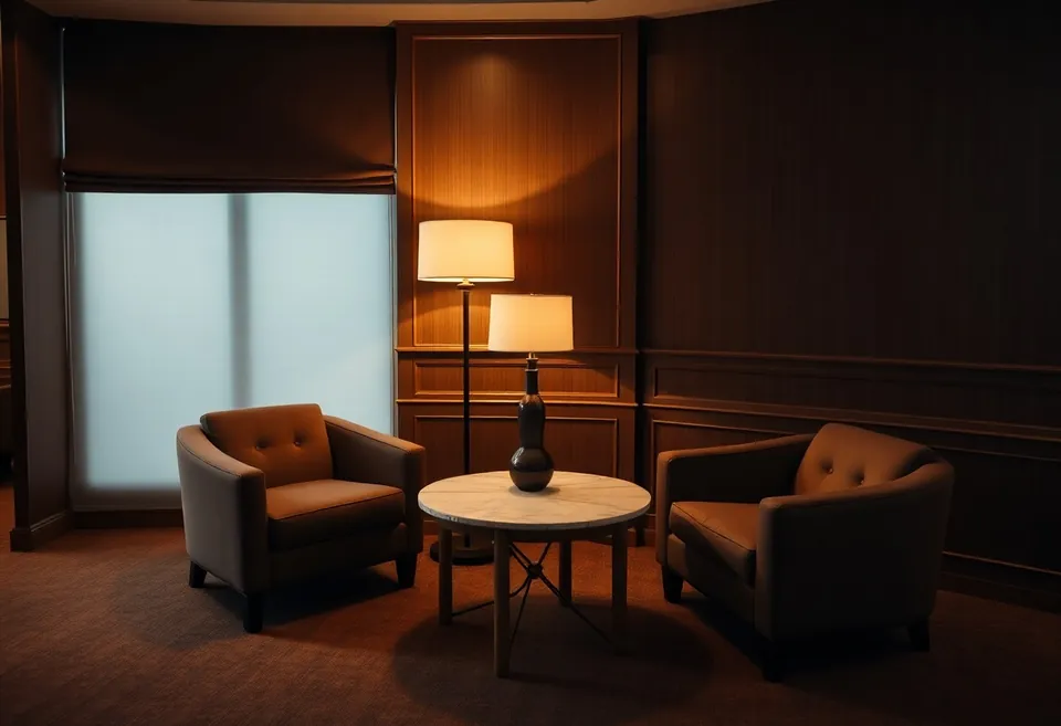 A quiet corner of armchairs and a low couch beside a reading lamp and a rain-streaked window