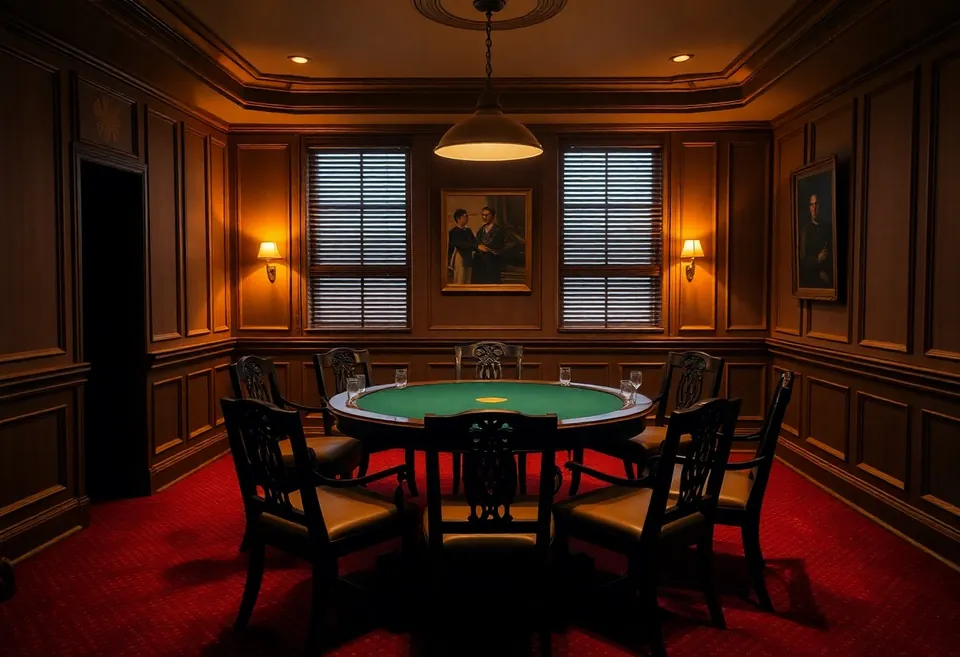 The private games room with one large table, dimmed lamps and a door standing ajar